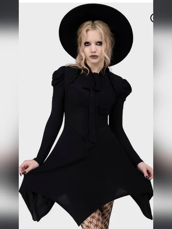 Killstar Black Long-Sleeve Tie-Front Asymmetric Dress - Picture 2 of 5